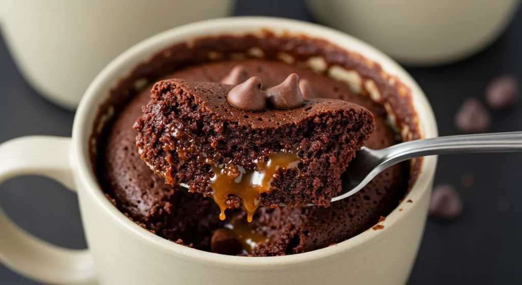 Chocolate Caramel mug cake with chocolate chips
