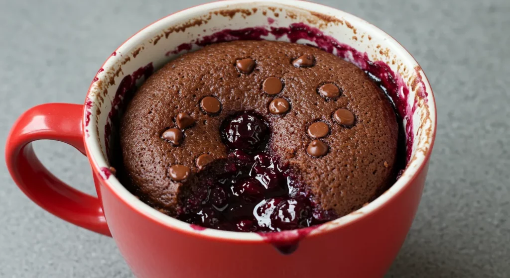 Microwave Chocolate Mug Cake with Blueberry Jam