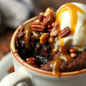 Chocolate Caramel Pecan Mug Cake