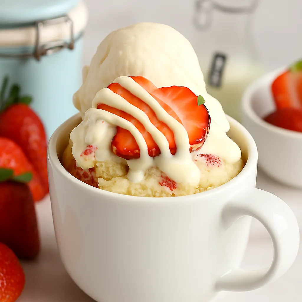 White Chocolate Strawberry Mug Cake with vanilla ice cream