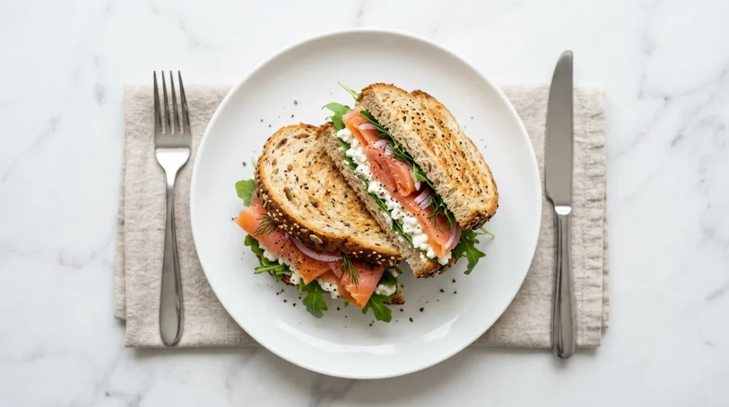 Easy Smoked Salmon Cottage Cheese and Arugula Sandwich