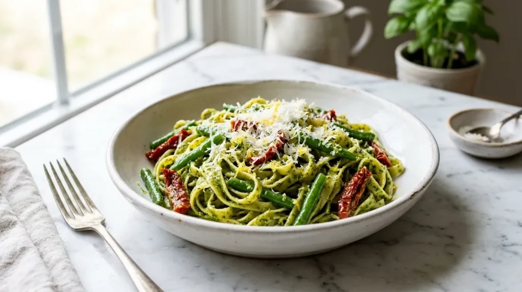 Fettuccine with Green Beans and Walnut Parsley Pesto