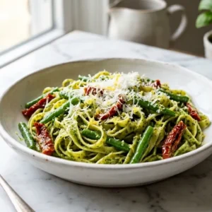 Fettuccine with Green Beans and Walnut Parsley Pesto