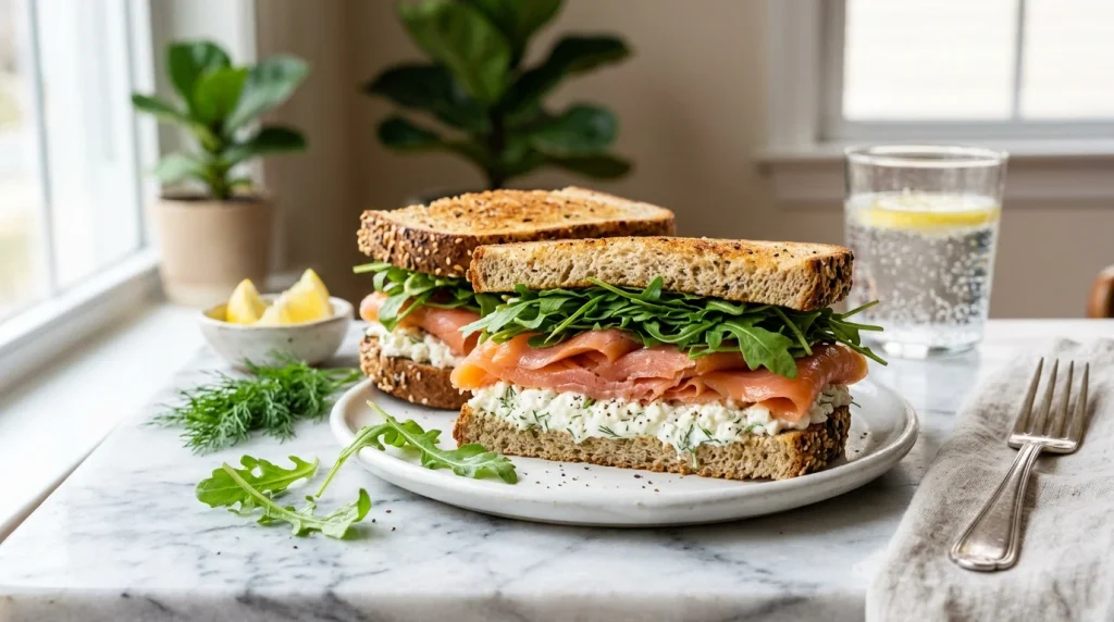 Smoked Salmon Cottage Cheese and Arugula Sandwich