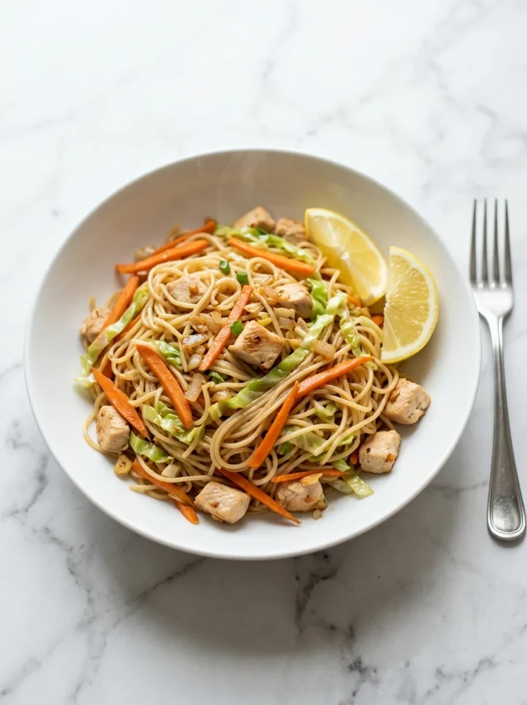 Carrot Cabbage Chicken Skillet 4 Side View with Lemon
