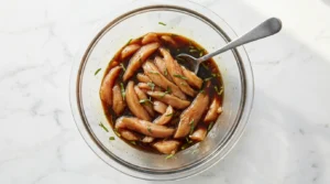 Chicken strips marinating