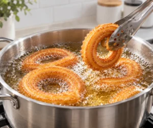Golden Churros Frying in Stainless Steel pot