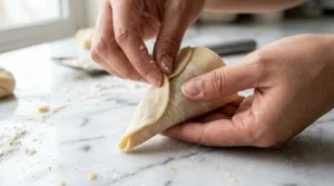 Hands folding dough cone