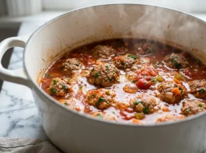 Meatballs simmering in tomato broth