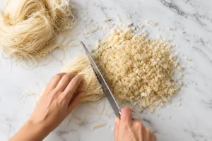 Overhead Kataifi Pastry Chopping Scene