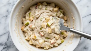 Spatula in apple pear coffee cake batter