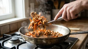 tossing stir fry in skillet